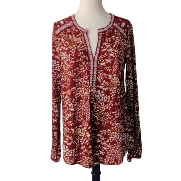 Lucky Brand Tops - LUCKY BRAND Brick Red Floral Embroidered Long Sleeve Tunic Top M